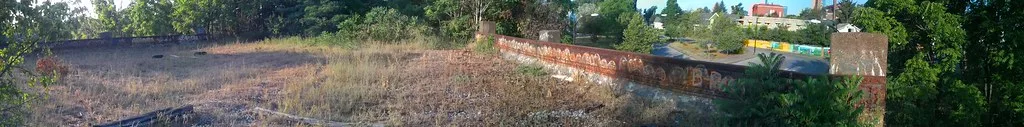 Panoramic view of graffiti-covered brick wall remnants around an overgrown derelict plot.