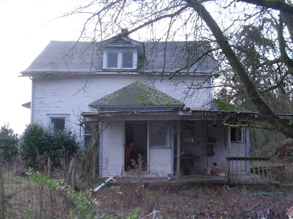 Derelict white house with a damaged porch and moss-covered roof amid brush.