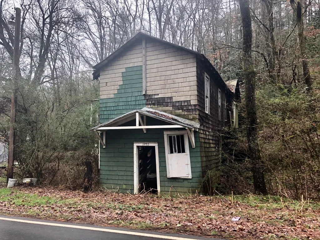 Petite maison abandonnée à bardage vert et brun, porte ouverte et fenêtres cassées au bord d’une route boisée.
