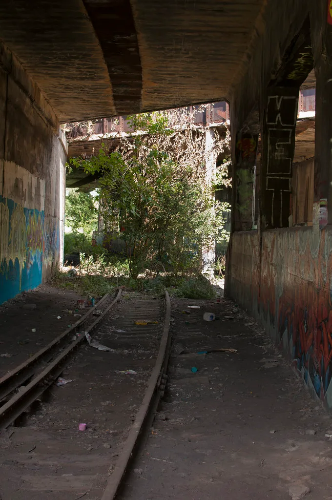 Ancienne voie ferrée dans un passage tagué donnant sur la végétation.