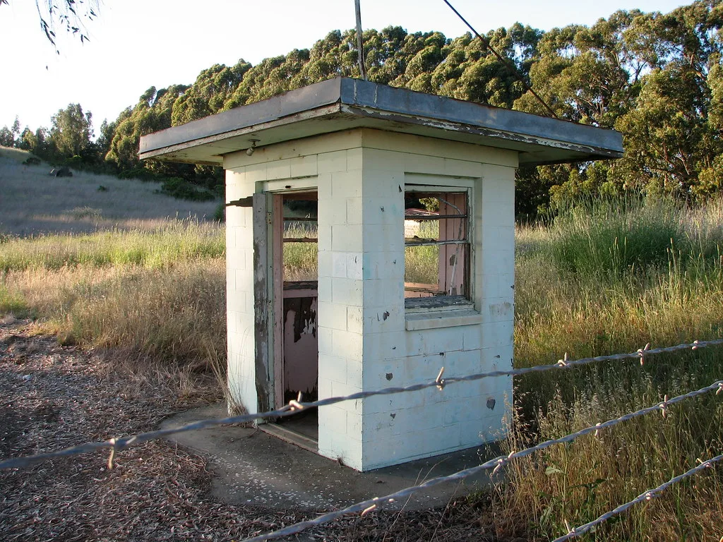 Small white guard booth with glassless windows and a damaged door amid tall grass.