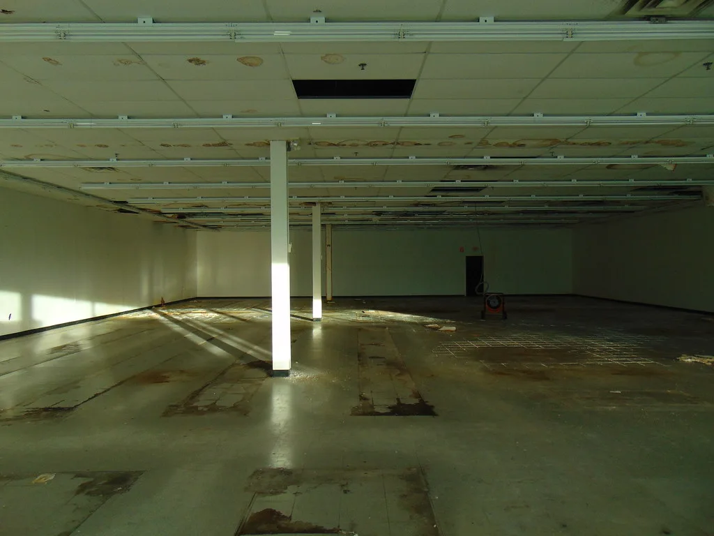 Large empty room with a damaged suspended ceiling and stripped floor covering.
