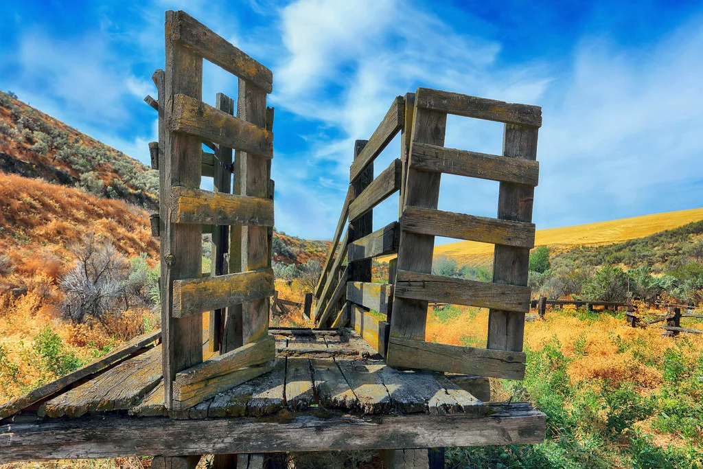 Ancienne rampe de bois abandonnée aux garde-corps penchés et plancher brisé dans une prairie vallonnée.