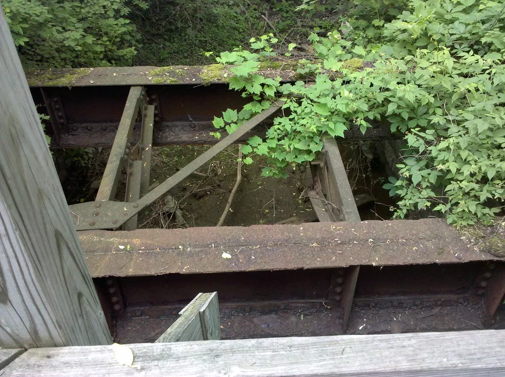 Rusty metal beams of an old bridge overgrown with vegetation.