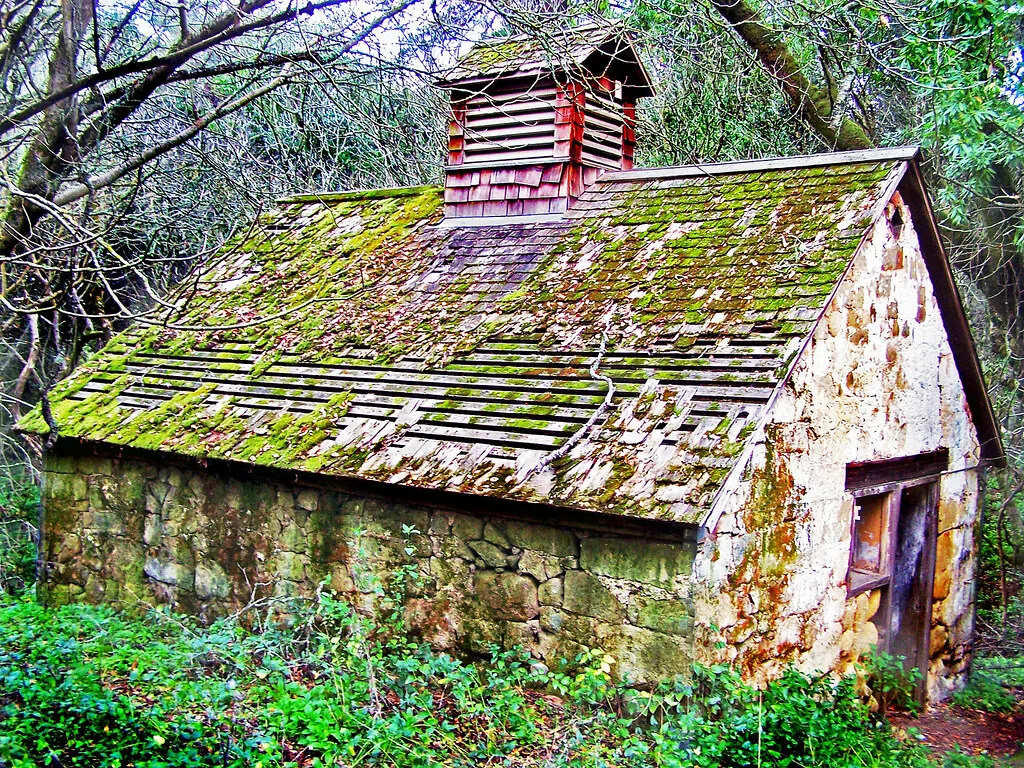 Small abandoned stone building with a wooden cupola and a moss-covered roof full of gaps.