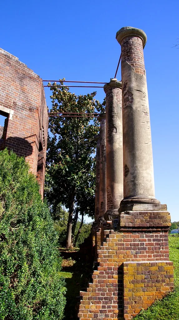 Colonnes et murs de briques en ruine envahis de végétation.