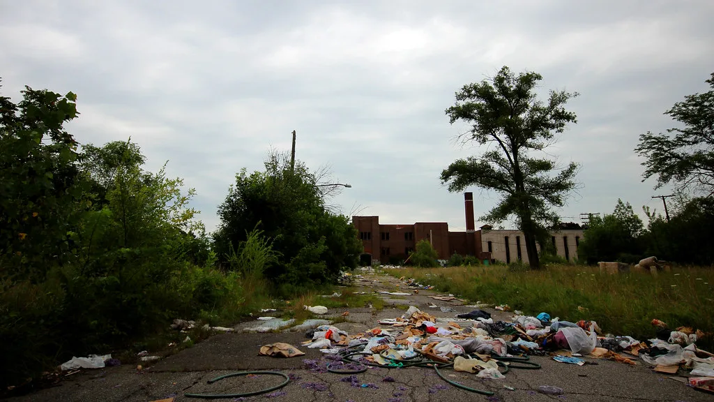 Old abandoned buildings behind a path overgrown with vegetation and litter.