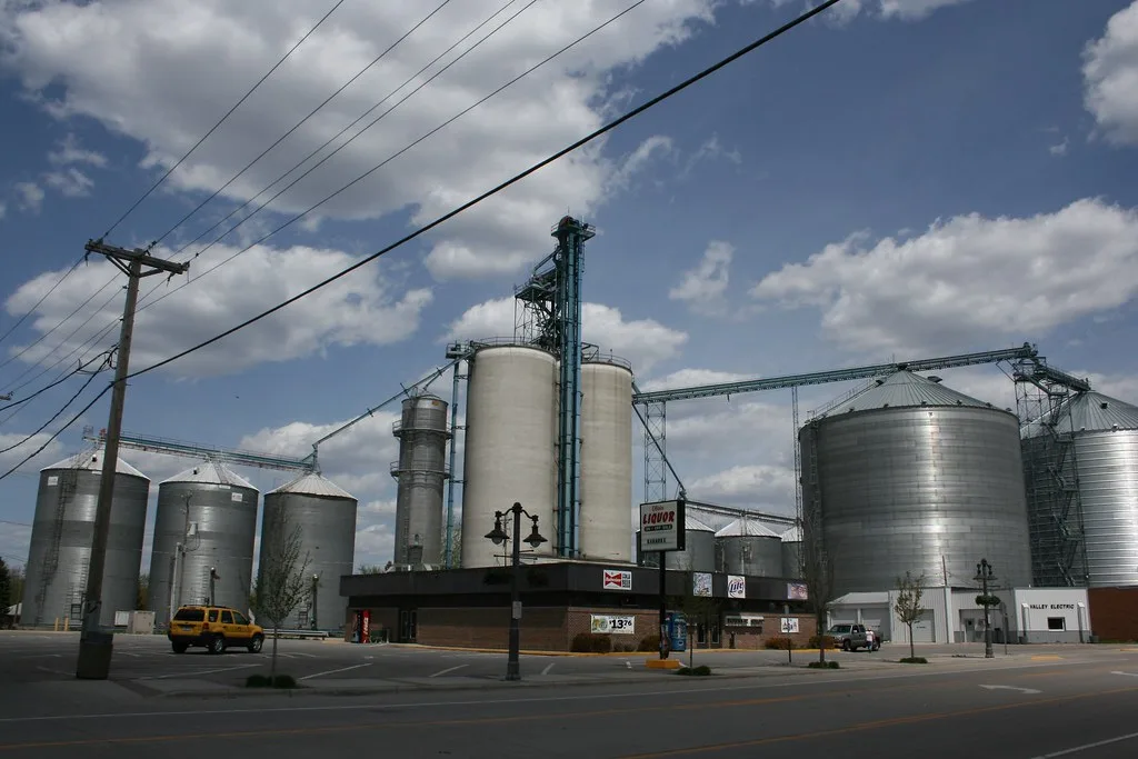 Silos à grains d'Olivia dans le Minnesota, vus depuis la rue.