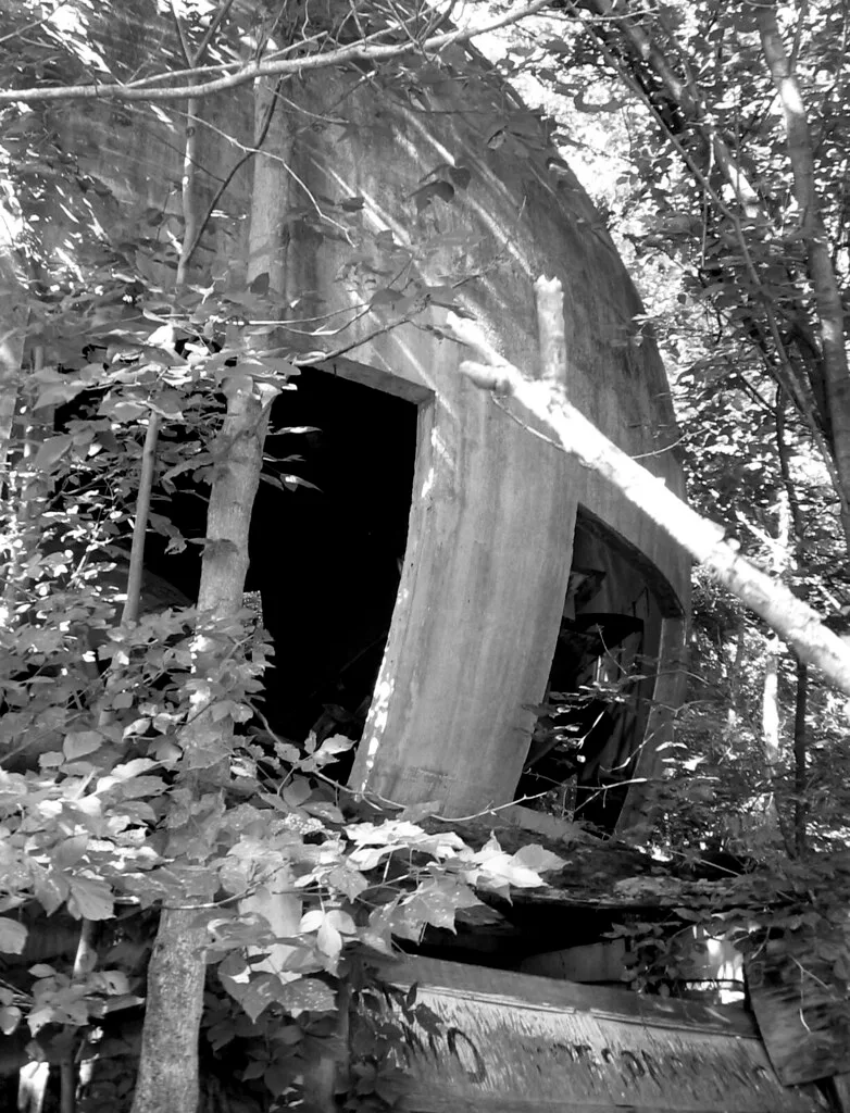Bâtiment de béton abandonné dans les arbres, en noir et blanc.