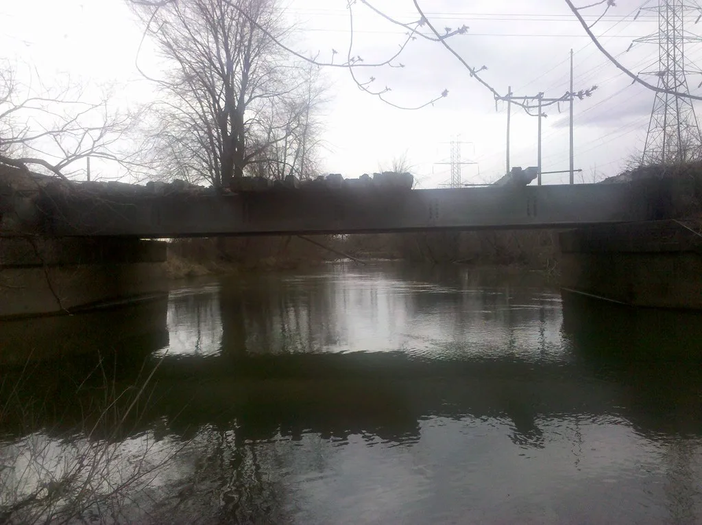 Ancien pont abandonné à poutre métallique au-dessus d’une rivière, avec traverses disloquées et arbre poussant sur le tablier.