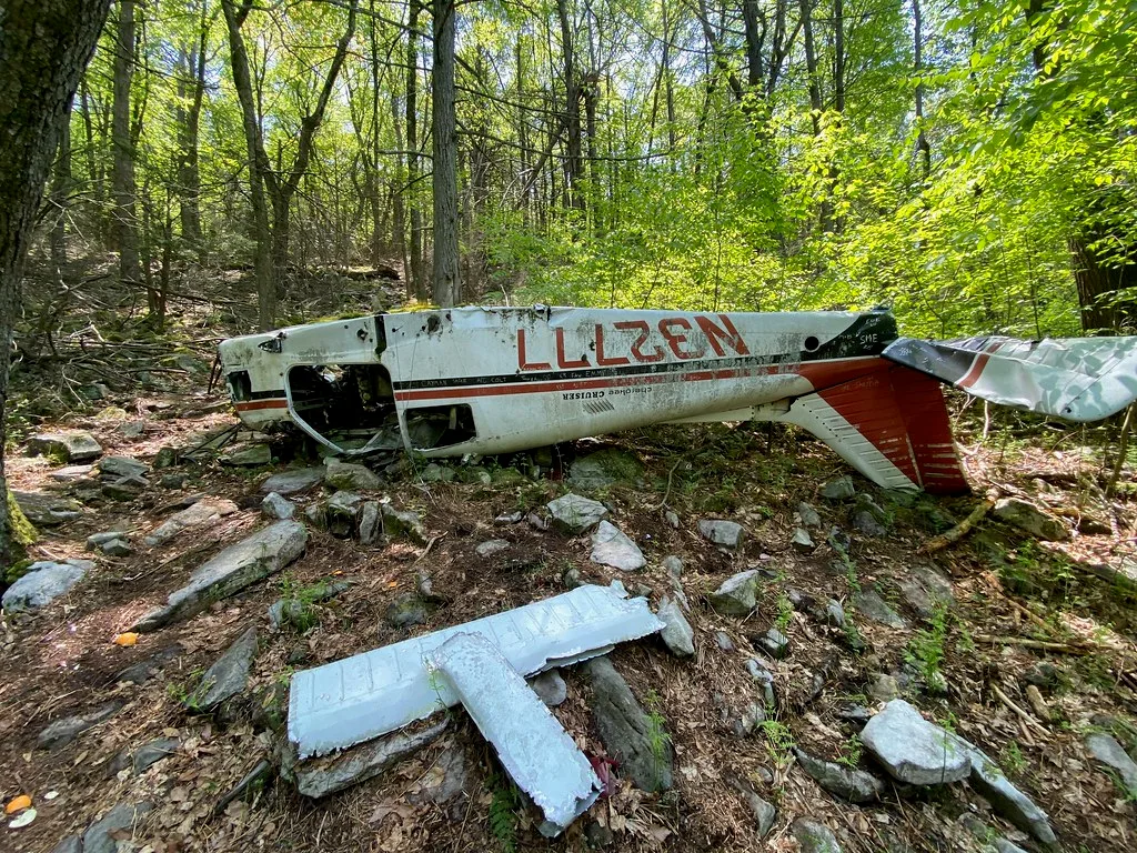 Wreckage of a Piper aircraft in the woods near Castanea