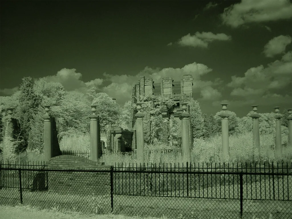 Vegetation-covered ruin behind a fence, in green tones.
