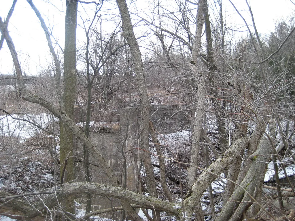 Ruined walls among branches and trees in the snow.