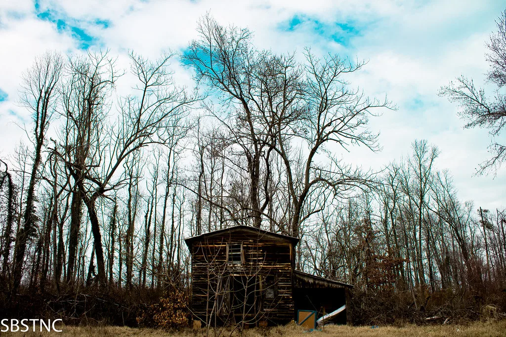 Small dark two-storey wooden house with a sagging lean-to in front of leafless woodland.