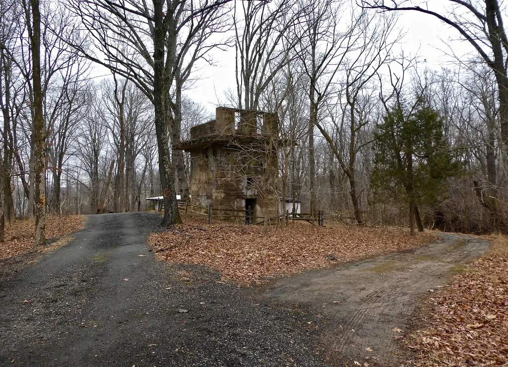 Small ruined tower with empty openings among leafless trees.