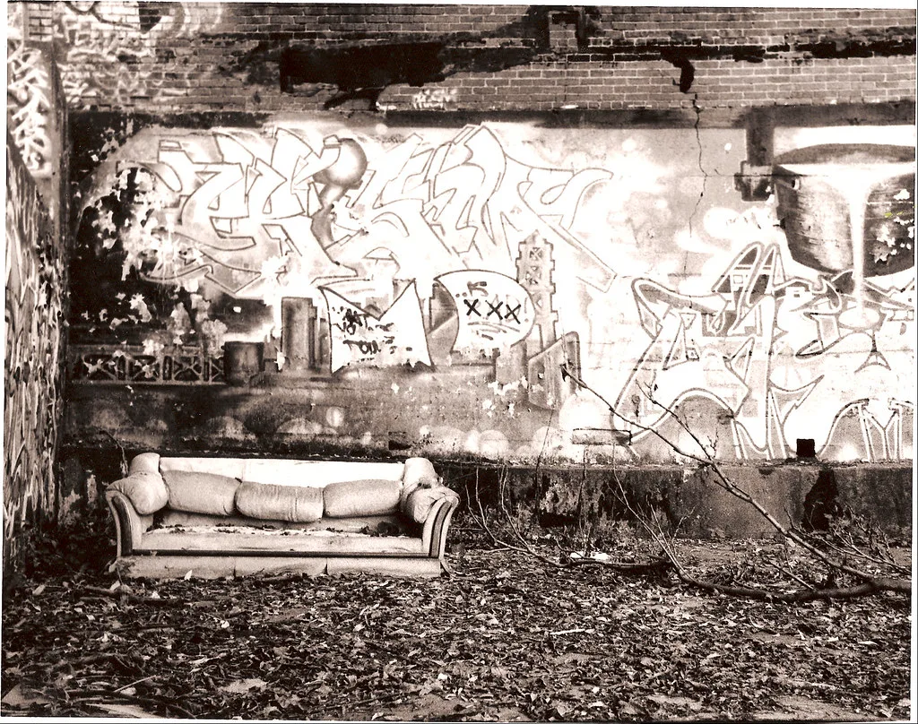 Abandoned sofa against a graffiti-covered brick wall in a leaf-filled ruin.