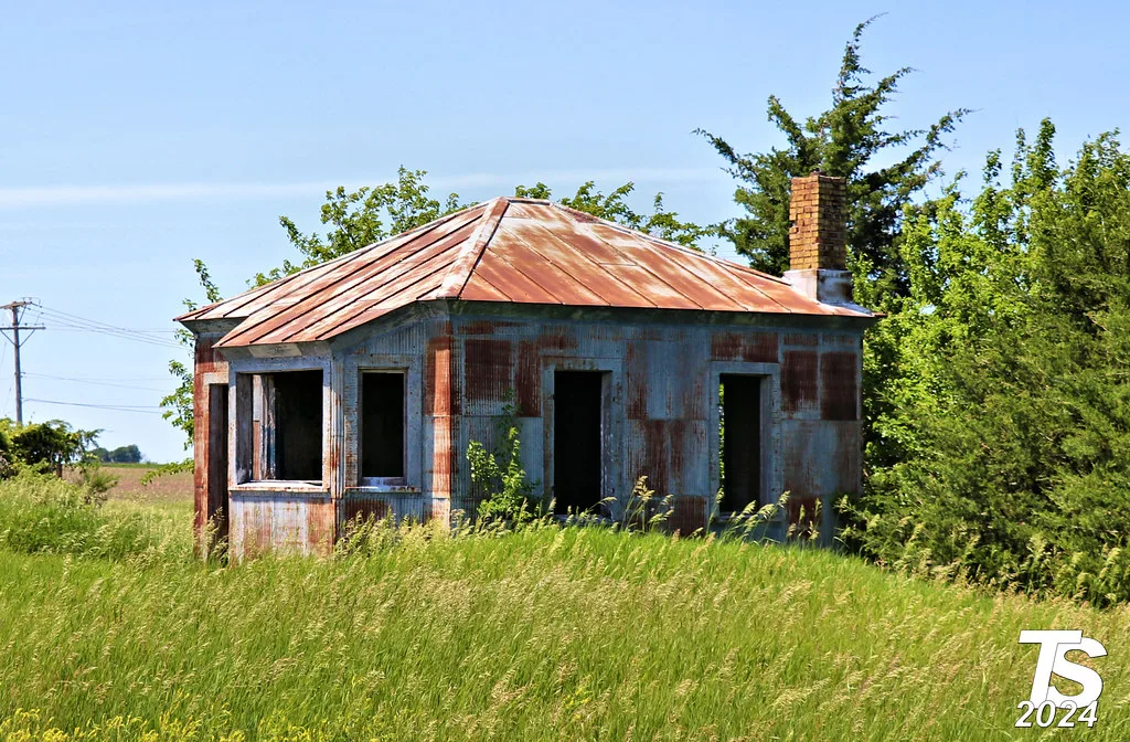 Small rusty blue metal house with a red roof and empty openings in a field of tall grass.