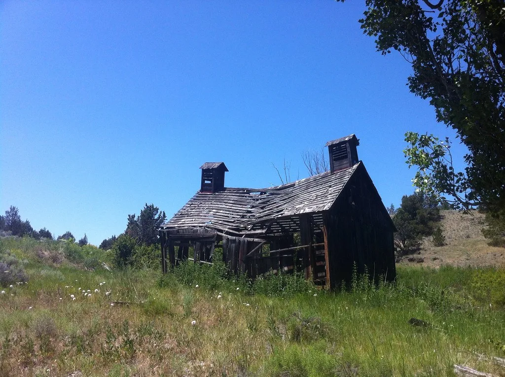 Wooden building with two roof vents, a sagging roof and open walls amid tall grass.