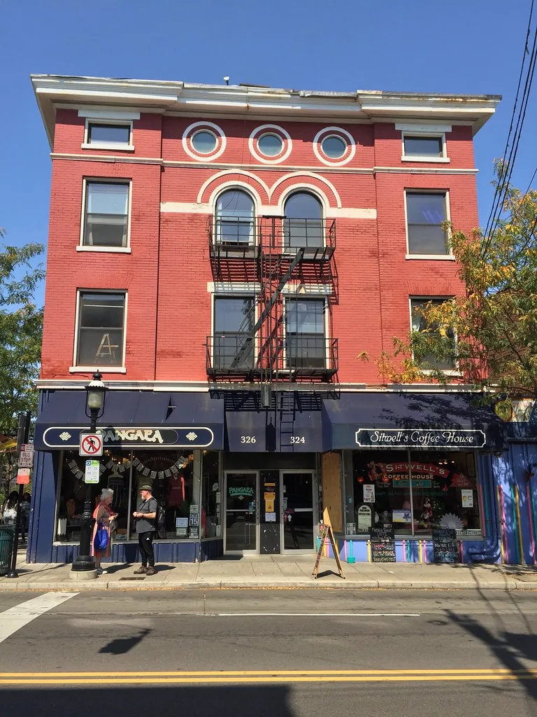 Romanesque Revival facade beside the Esquire Theatre in the Clifton Gaslight District