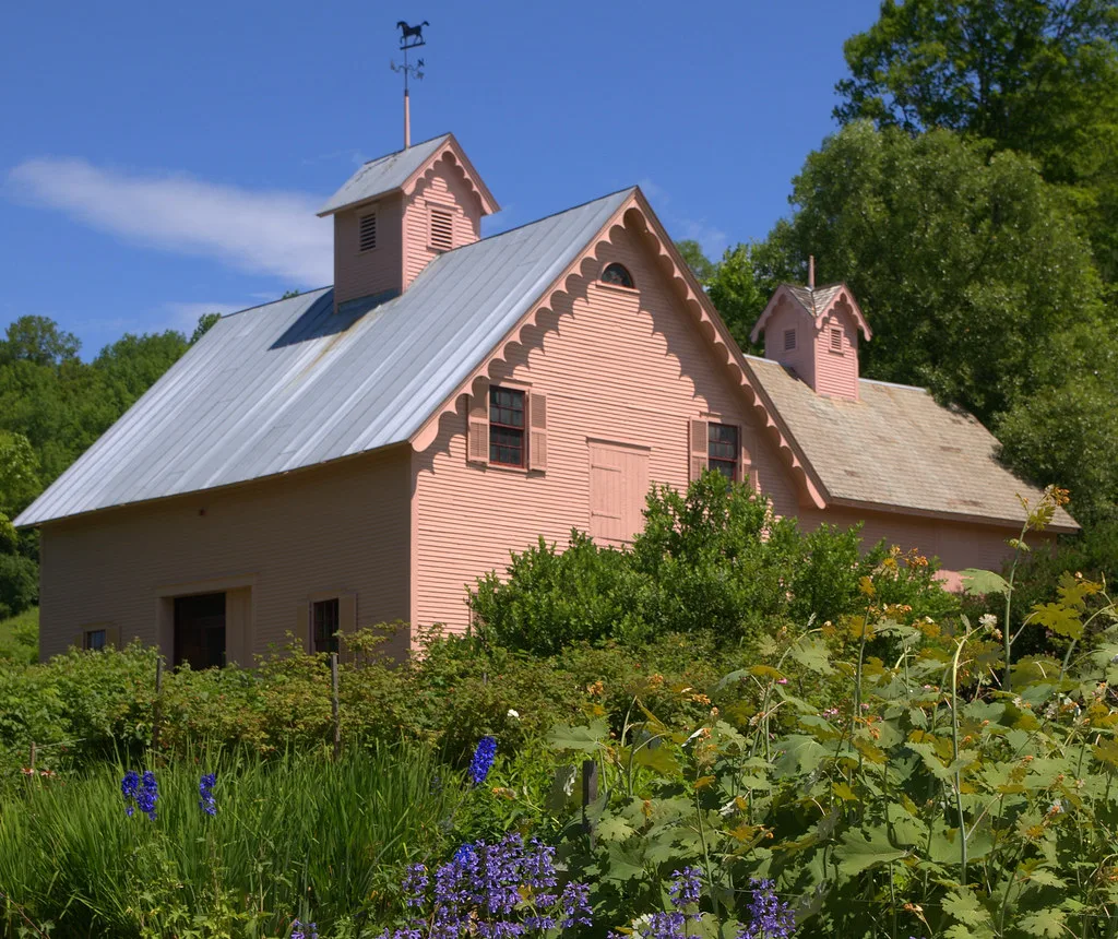 Pink wooden outbuildings at the historic Justin Smith Morrill Homestead