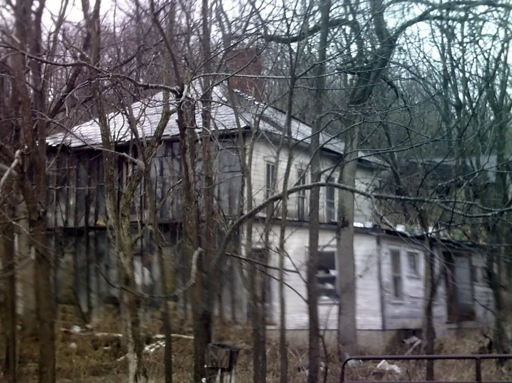 Deteriorated old wooden house among trees.