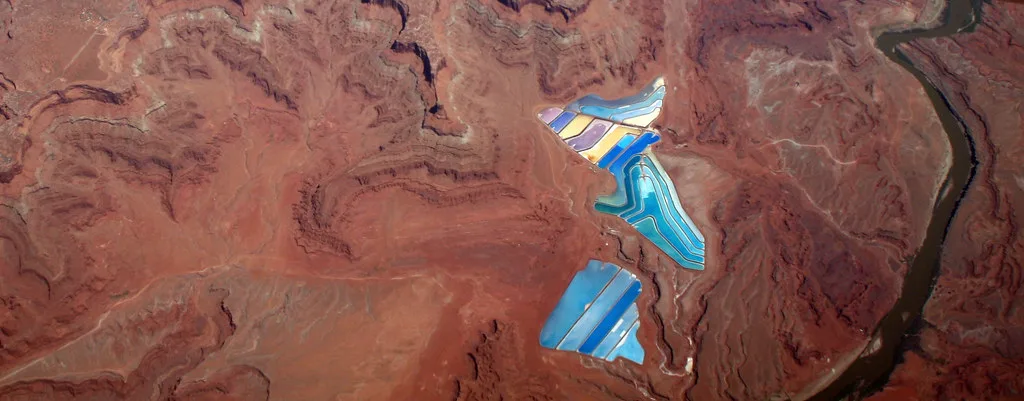 Aerial view of blue potash evaporation ponds near Moab.