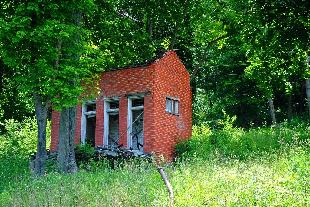 Small ruined red-brick building among trees and grass.