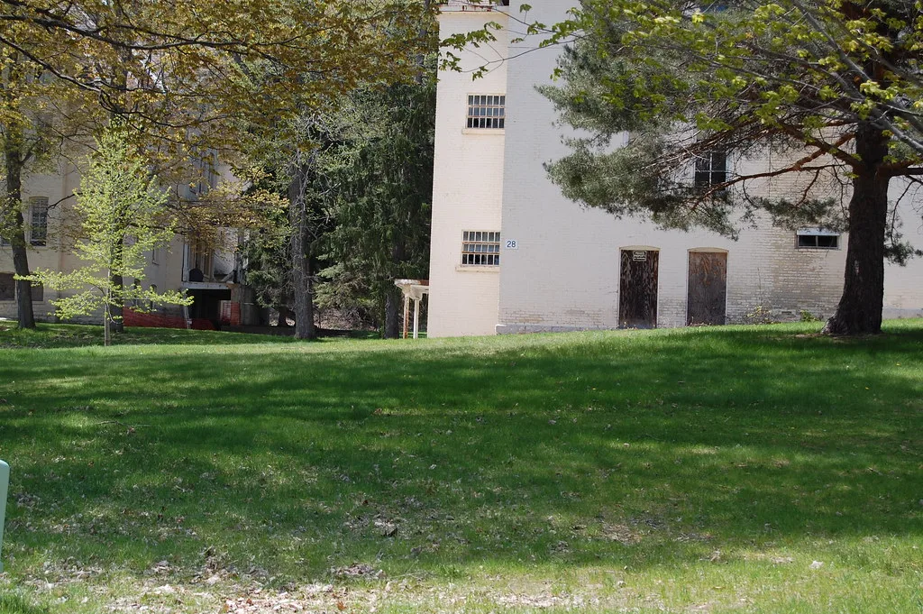 Old white buildings with boarded entrances behind a tree-lined lawn.