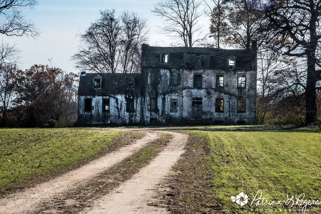 Ruine d’une maison de briques au bout d’un chemin bordé de pelouse.
