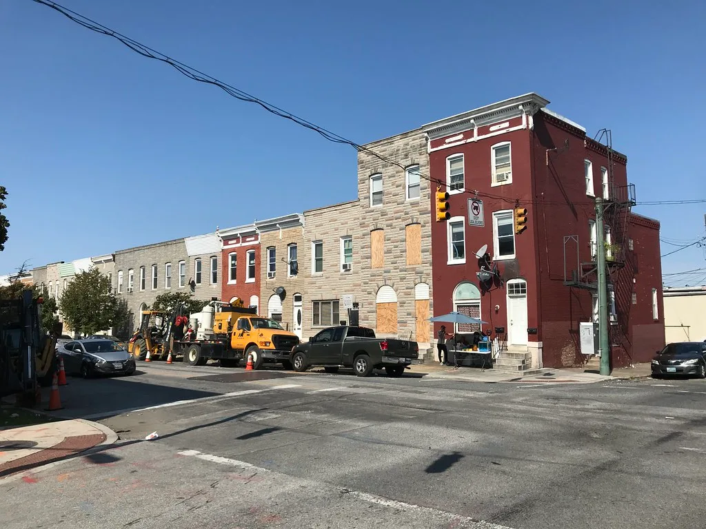 Old rowhouses on East Baltimore Street in Baltimore