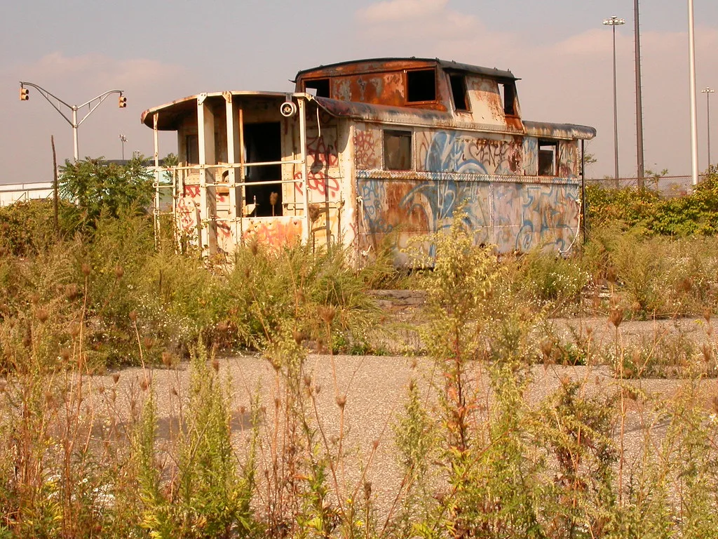 Old rusty graffiti-covered caboose with empty windows amid tall weeds.
