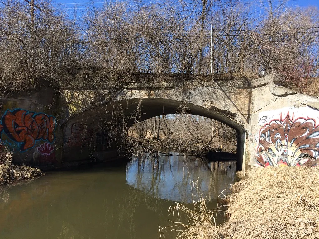 Old graffiti-covered overgrown concrete bridge above a waterway.