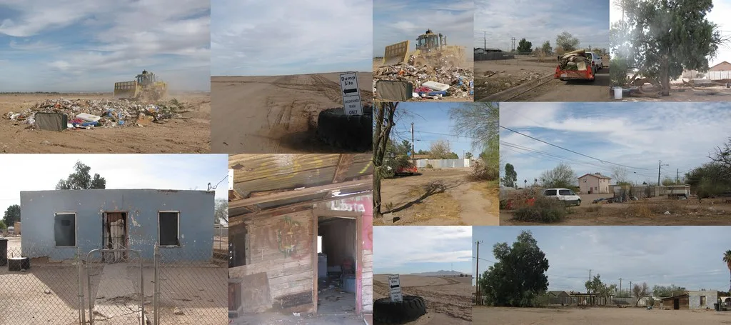 Collage of views of decaying buildings and a site being cleared.