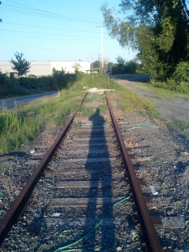 Old railway track overgrown with weeds, boards across the rails and a shadow in the foreground.
