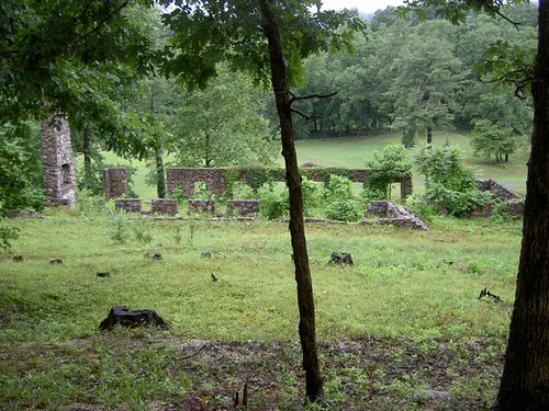 Ruines de murs en pierre sans toiture au milieu des arbres et du sol forestier couvert de feuilles.