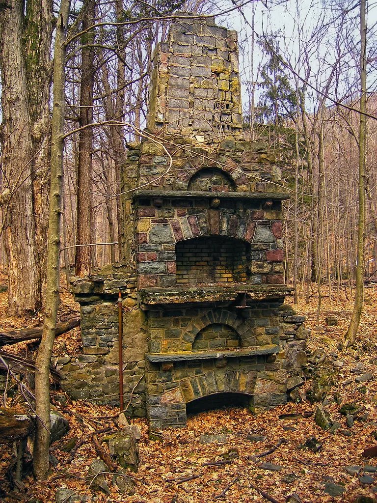 Tall stone chimney with several fireplaces, the remaining ruin of a building in a forest.