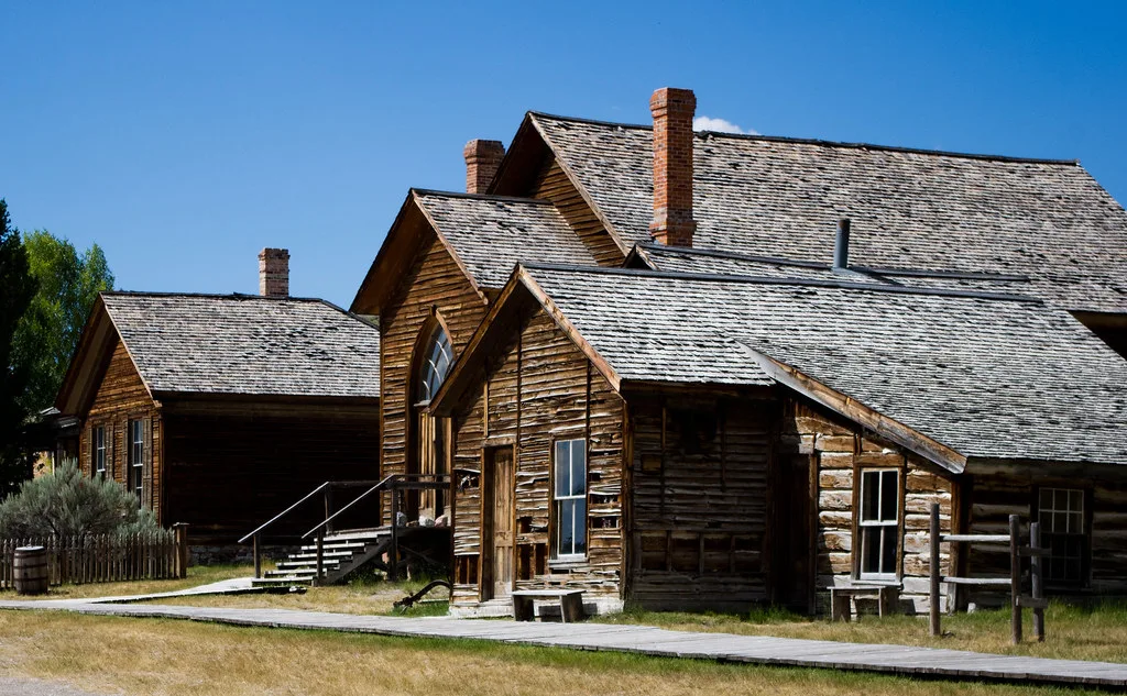 Former wooden church and neighbouring buildings at Bannack.