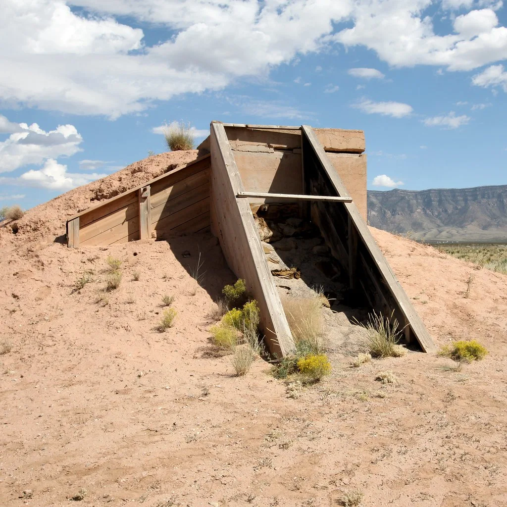 Entrance to a partly buried shelter in desert terrain.