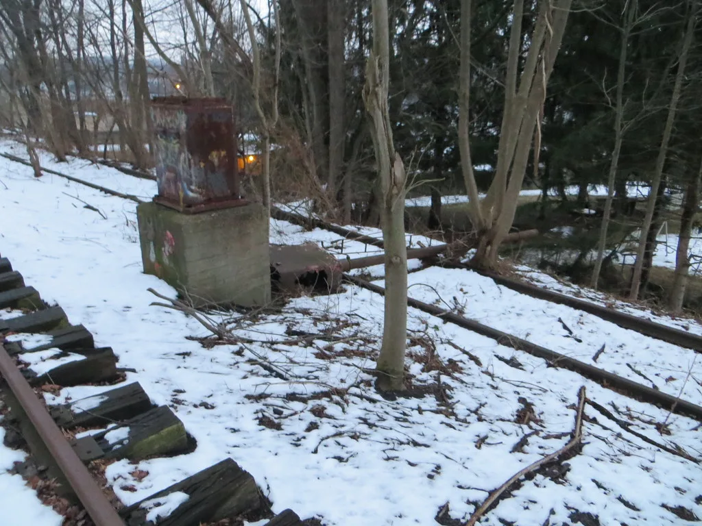 Snow-covered abandoned tracks with trees growing between them beside a rusty cabinet.