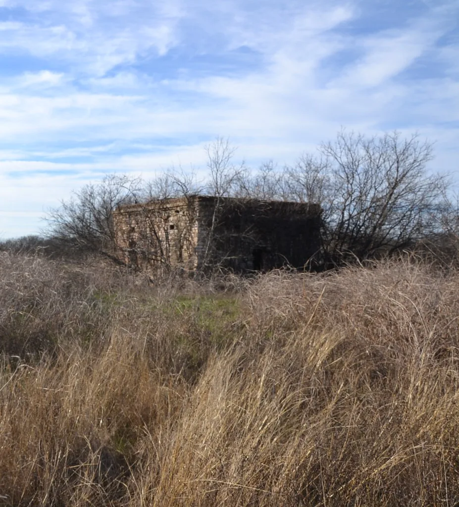 Petit bâtiment de brique sombre envahi de broussailles dans un terrain aux herbes sèches.