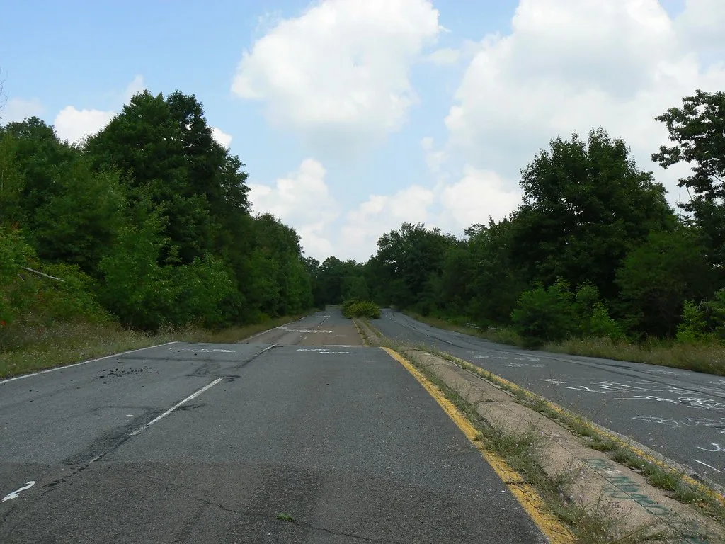Abandoned divided road with graffiti-covered cracked carriageways, grass on the median and a shrub growing in the roadway.