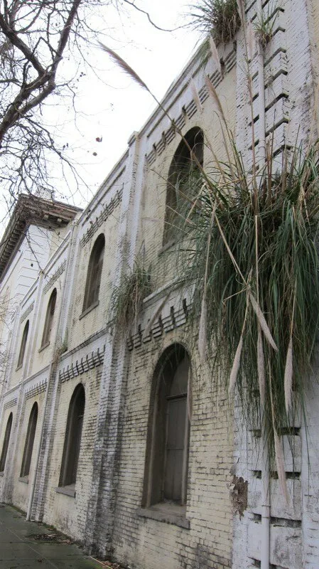 Old white facade with arched bays overgrown with tall plants.