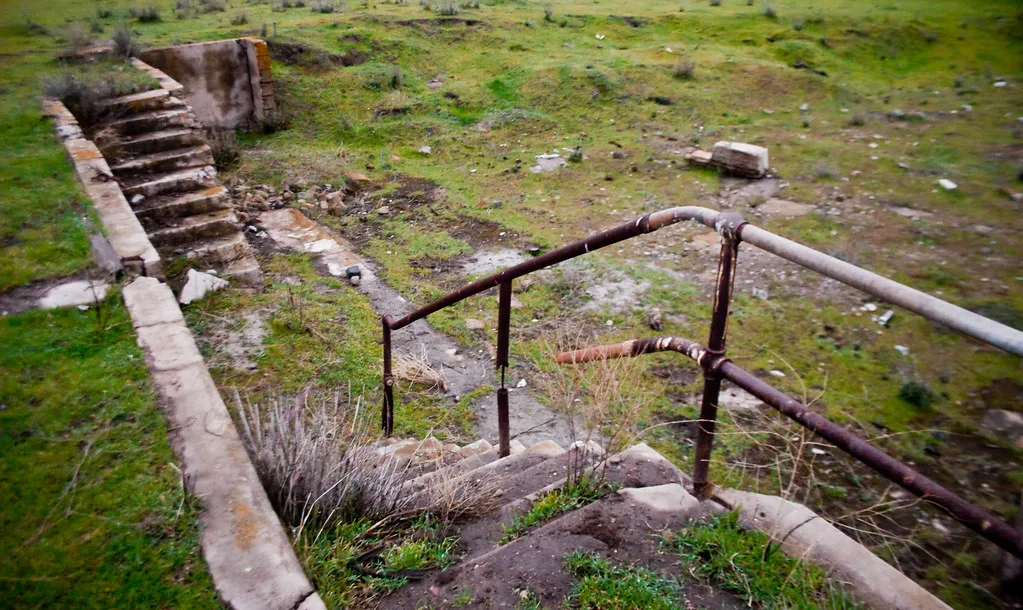Concrete stair remains with rusty railings in grass.