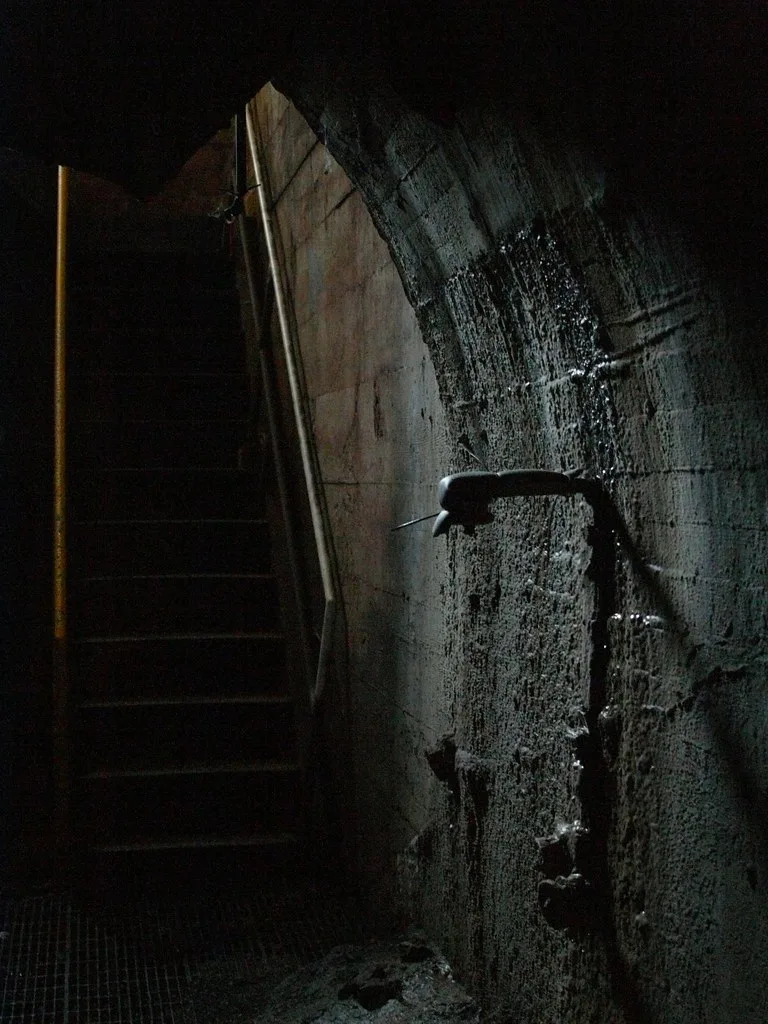 Narrow staircase beside a damp peeling vaulted wall with an old pipe.