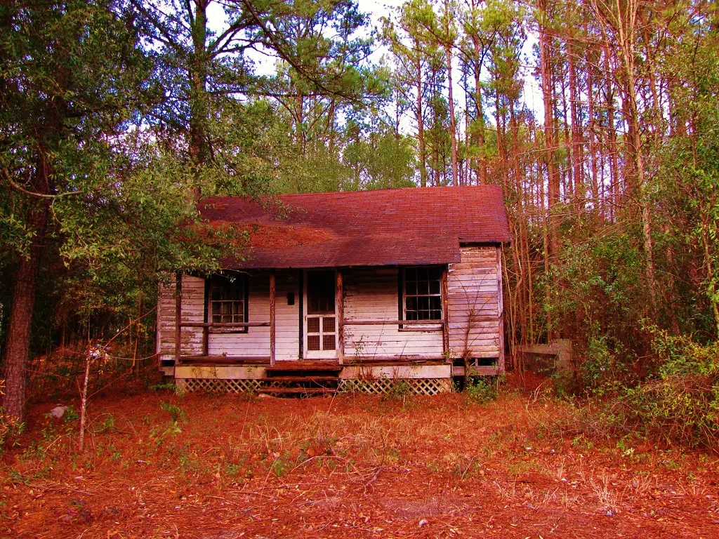 Small weathered wooden house among trees.