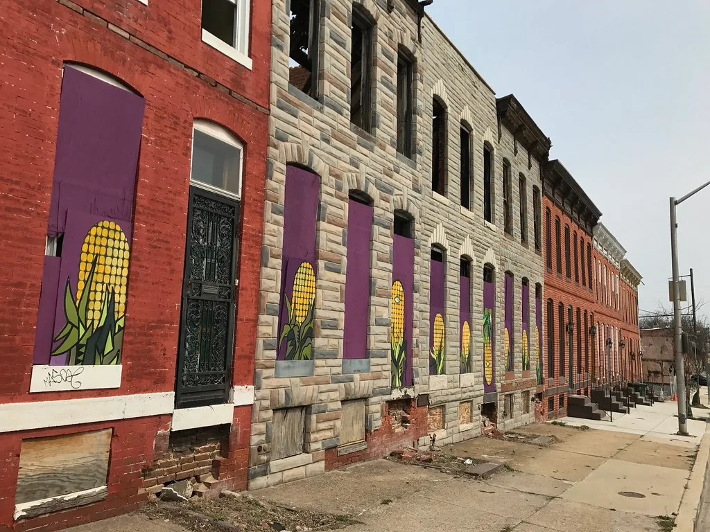 Row of abandoned brick and stone houses with empty upper windows and lower openings boarded with purple panels painted with corn.