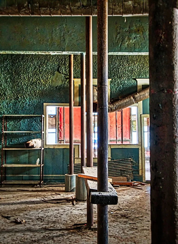 Abandoned room with peeling green walls, wooden posts, pipes, empty shelves and floor debris.