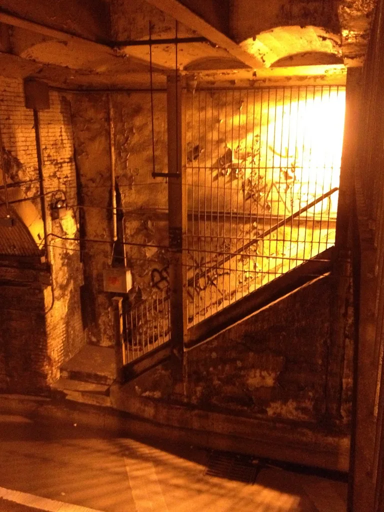 Old decaying vaulted passage behind a metal grille in orange light.