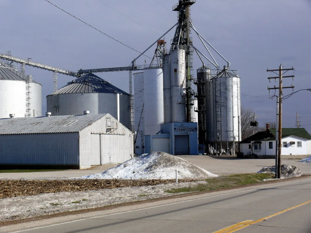 Silos and handling tower in Troy Grove beside a road.