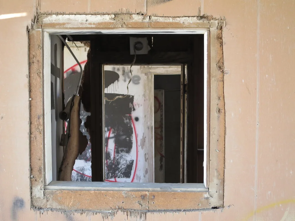 Glazed opening with its glass missing overlooking damaged graffiti-covered rooms.